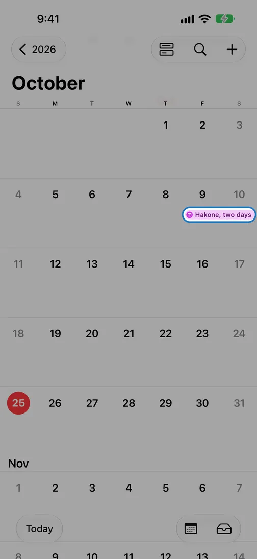 Month view of the iPhone Calendar app, with “Hakone, two days” on the 9th and 10th