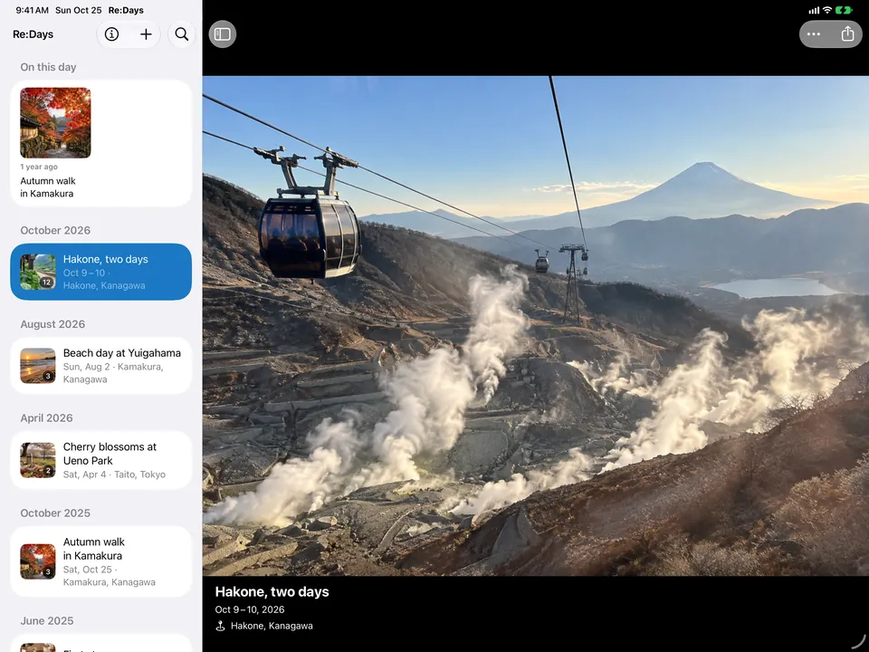 Re:Days on iPad: the list of records on the left, photos from “Hakone, two days” on the right